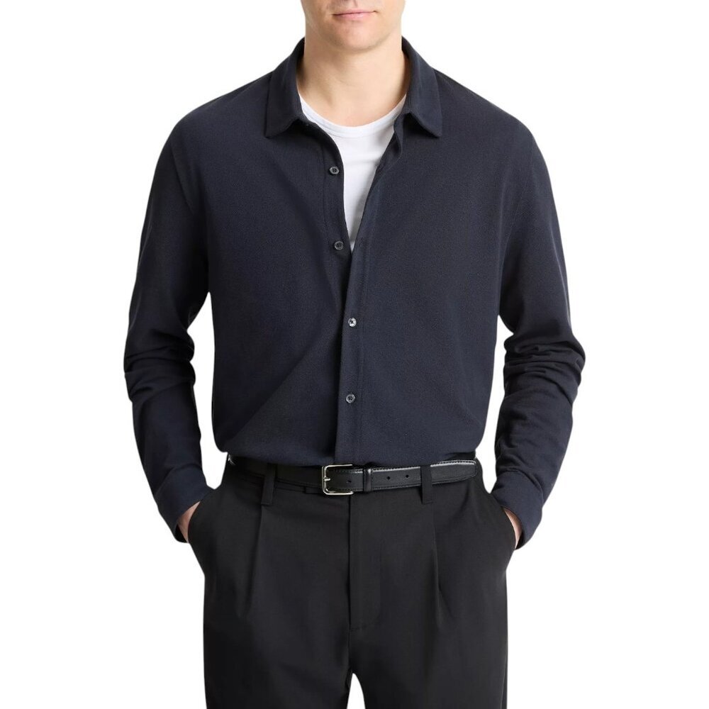 Vince Cotton Piqué Button-Front Long-Sleeve Collared Shirt - Coastal Blue - L